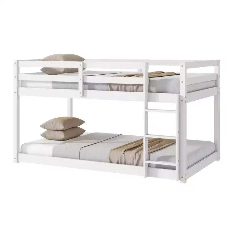 Okak Twin Over Twin Bunk Bed with Ladder & Safety Guardrail Solid Rubber Wooden Loft Bed with Strengthened Slats for Kids Easy Assemble