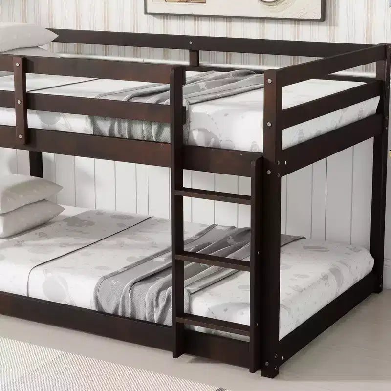 Okak Twin Over Twin Bunk Bed with Ladder & Safety Guardrail Solid Rubber Wooden Loft Bed with Strengthened Slats for Kids Easy Assemble