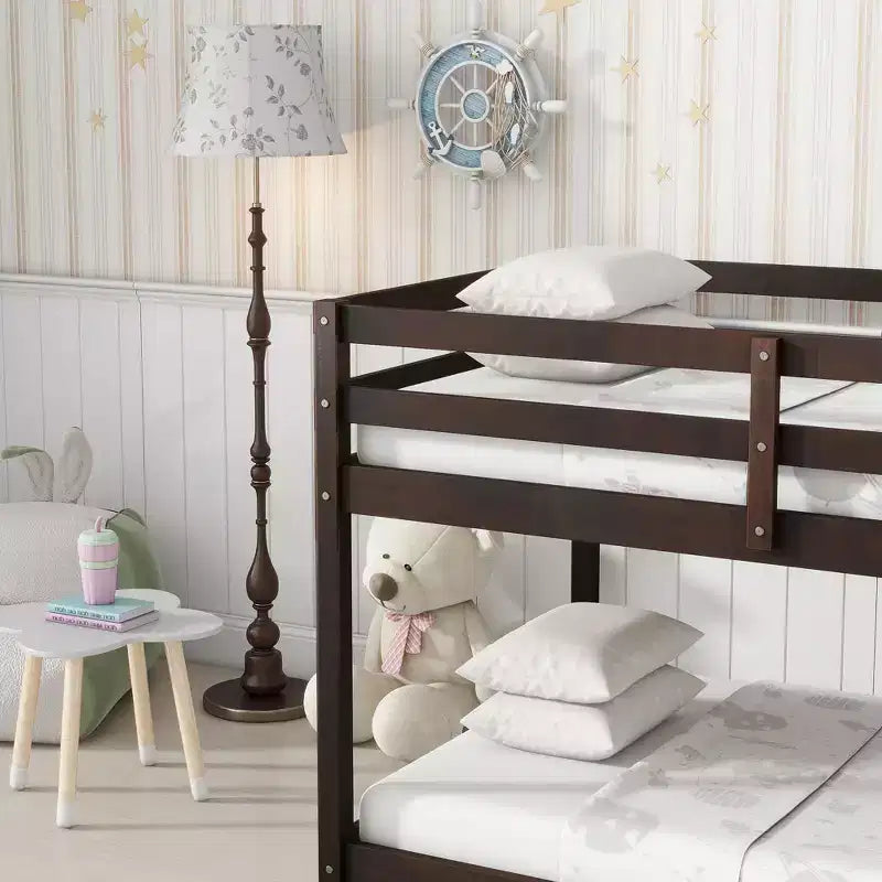 Okak Twin Over Twin Bunk Bed with Ladder & Safety Guardrail Solid Rubber Wooden Loft Bed with Strengthened Slats for Kids Easy Assemble