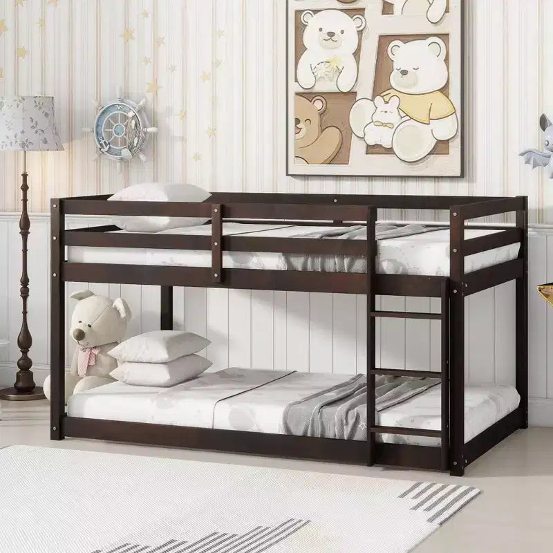 Okak Twin Over Twin Bunk Bed with Ladder & Safety Guardrail Solid Rubber Wooden Loft Bed with Strengthened Slats for Kids Easy Assemble