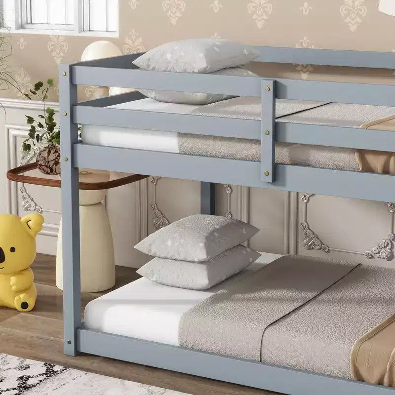 Okak Twin Over Twin Bunk Bed with Ladder & Safety Guardrail Solid Rubber Wooden Loft Bed with Strengthened Slats for Kids Easy Assemble