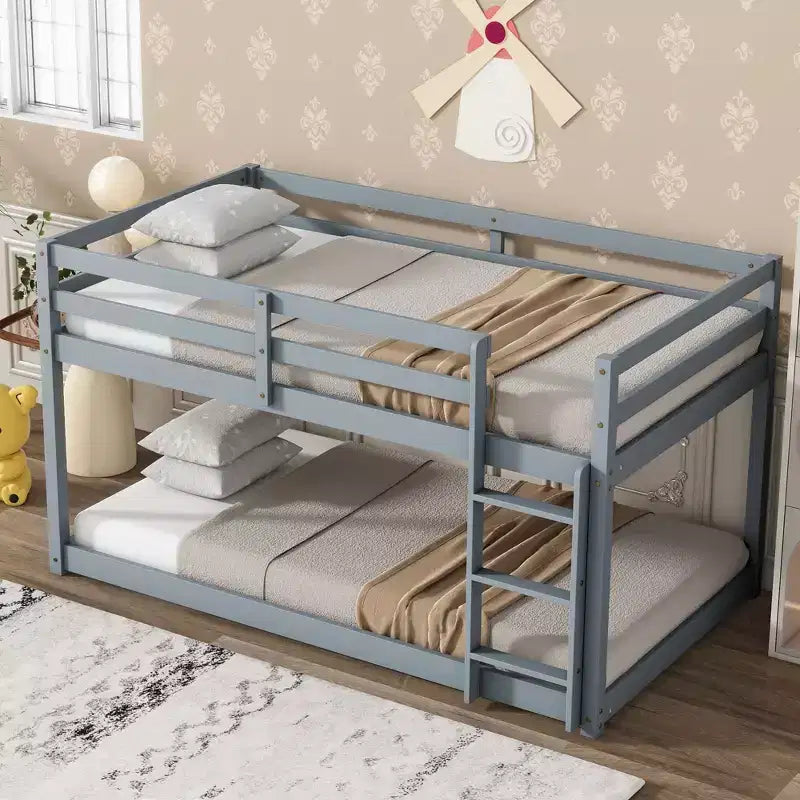 Okak Twin Over Twin Bunk Bed with Ladder & Safety Guardrail Solid Rubber Wooden Loft Bed with Strengthened Slats for Kids Easy Assemble