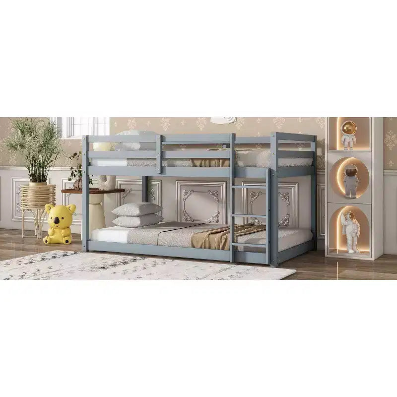 Okak Twin Over Twin Bunk Bed with Ladder & Safety Guardrail Solid Rubber Wooden Loft Bed with Strengthened Slats for Kids Easy Assemble