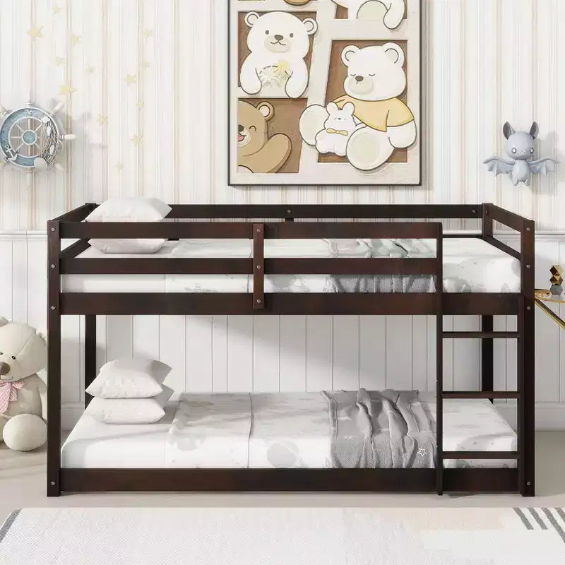 Okak Twin Over Twin Bunk Bed with Ladder & Safety Guardrail Solid Rubber Wooden Loft Bed with Strengthened Slats for Kids Easy Assemble