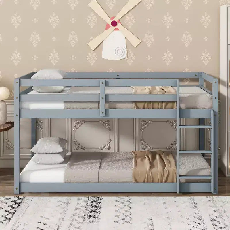 Okak Twin Over Twin Bunk Bed with Ladder & Safety Guardrail Solid Rubber Wooden Loft Bed with Strengthened Slats for Kids Easy Assemble