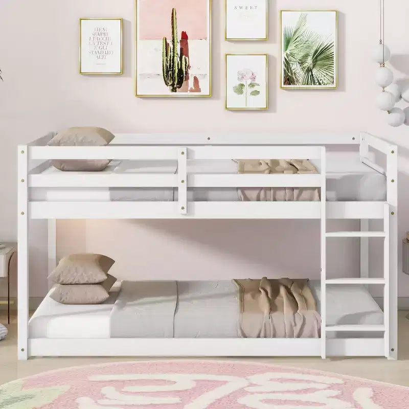 Okak Twin Over Twin Bunk Bed with Ladder & Safety Guardrail Solid Rubber Wooden Loft Bed with Strengthened Slats for Kids Easy Assemble