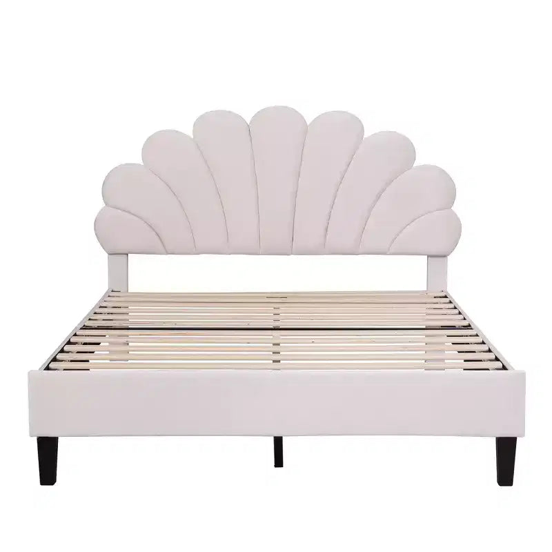 Okak Full/Queen Platform Bed Frame with Flower Pattern Headboard Velvet Upholstered Bedroom Furniture Strong Wood Slats Easy Assembly Noise-Free