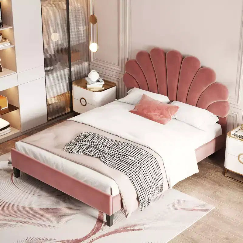 Okak Full/Queen Platform Bed Frame with Flower Pattern Headboard Velvet Upholstered Bedroom Furniture Strong Wood Slats Easy Assembly Noise-Free