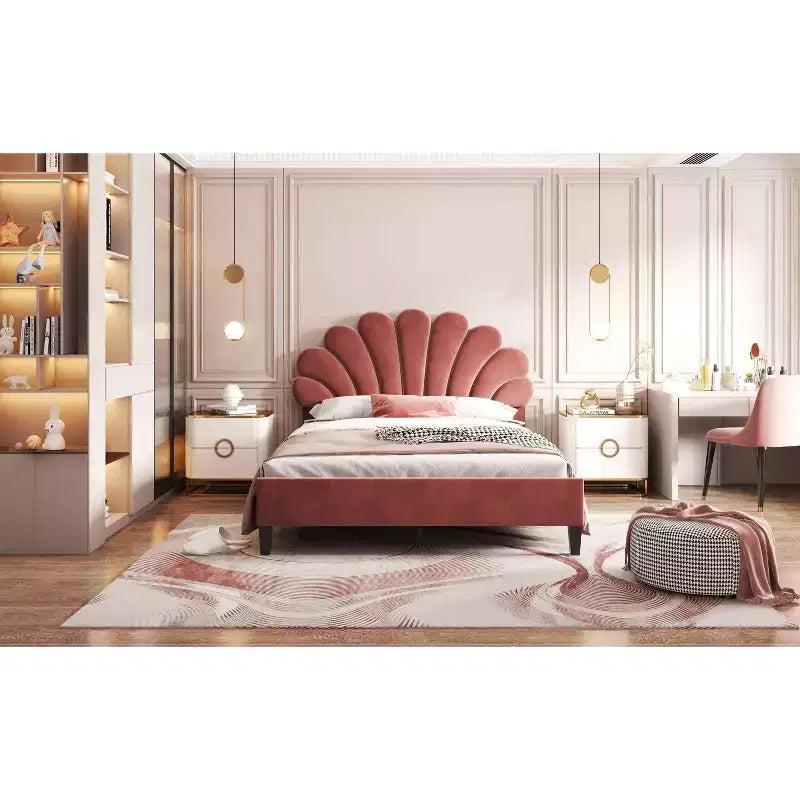 Okak Full/Queen Platform Bed Frame with Flower Pattern Headboard Velvet Upholstered Bedroom Furniture Strong Wood Slats Easy Assembly Noise-Free