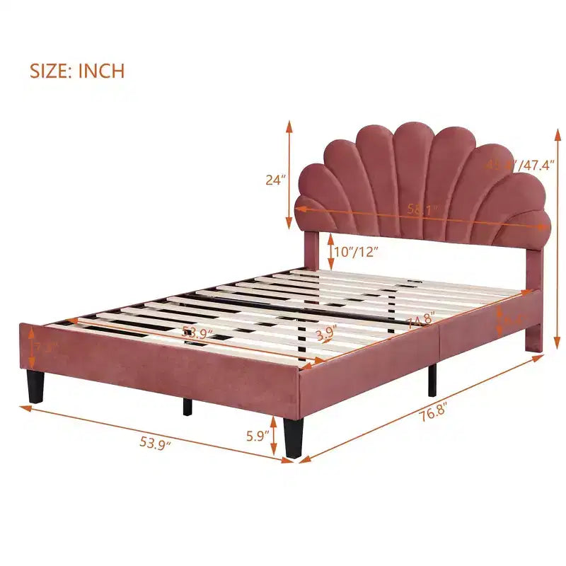 Okak Full/Queen Platform Bed Frame with Flower Pattern Headboard Velvet Upholstered Bedroom Furniture Strong Wood Slats Easy Assembly Noise-Free