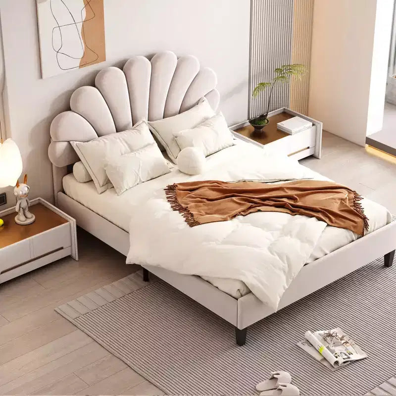 Okak Full/Queen Platform Bed Frame with Flower Pattern Headboard Velvet Upholstered Bedroom Furniture Strong Wood Slats Easy Assembly Noise-Free