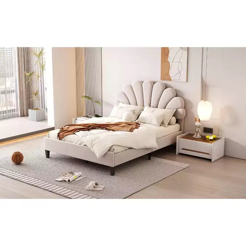 Okak Full/Queen Platform Bed Frame with Flower Pattern Headboard Velvet Upholstered Bedroom Furniture Strong Wood Slats Easy Assembly Noise-Free