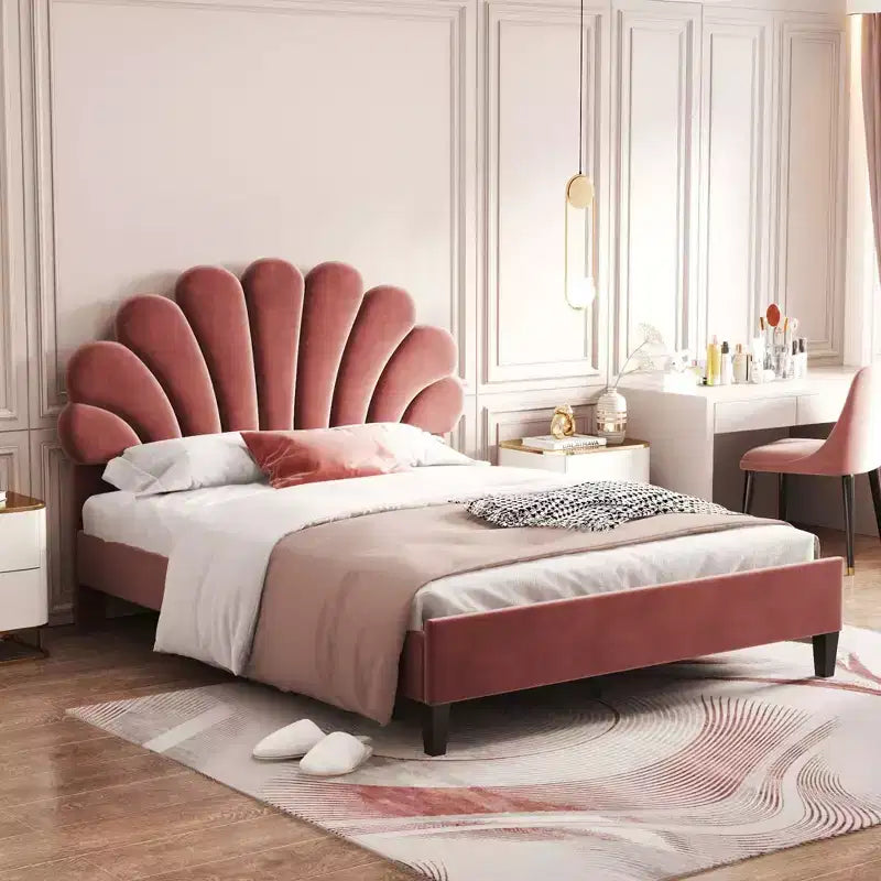Okak Full/Queen Platform Bed Frame with Flower Pattern Headboard Velvet Upholstered Bedroom Furniture Strong Wood Slats Easy Assembly Noise-Free