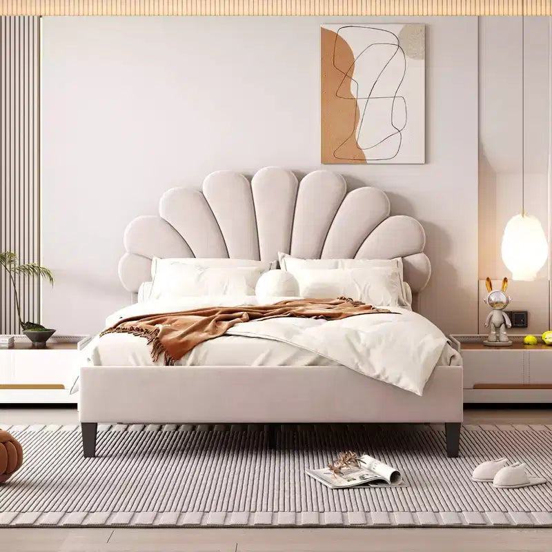 Okak Full/Queen Platform Bed Frame with Flower Pattern Headboard Velvet Upholstered Bedroom Furniture Strong Wood Slats Easy Assembly Noise-Free