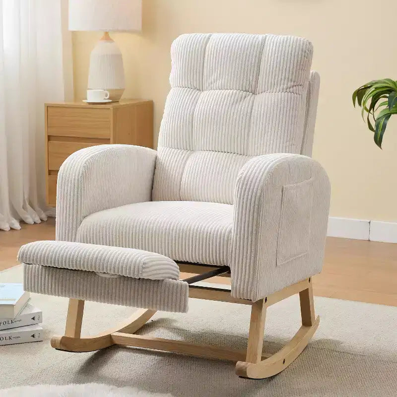 Okak Rocking Accent Chair Armchair with Side Pocket and Upholstered Comfy High Backrest Stripe Glider Chair for Bedroom Lounge Nursery