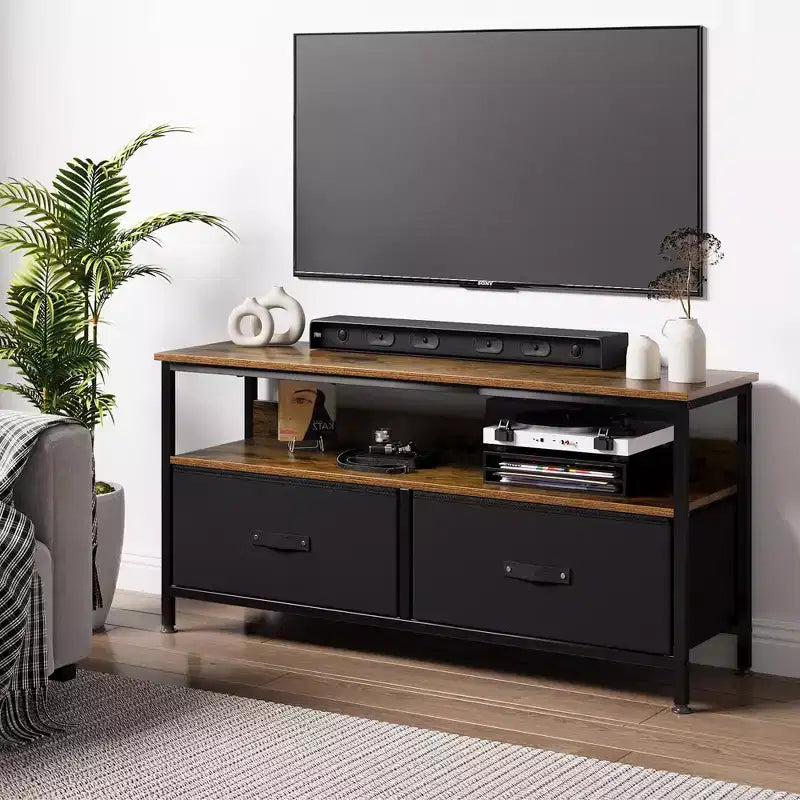 TROPOW TV Schrank, Lowboard, TV Bank, Fernsehtisch Aus Holz, TV Board, Fernsehschrank Mit 2 Schubladen , TV Regal fr Fernseher Bis Zu 55 Zoll