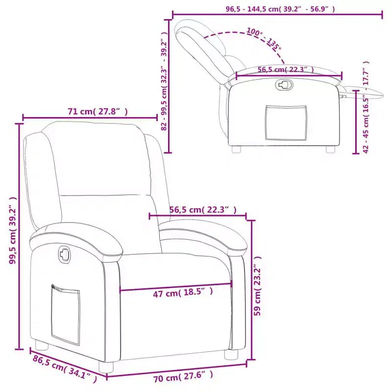 vidaXL Gray Faux Leather Manual Recliner Chair - Wingback Reclining Armchair for Elderly with Side Pocket and Padded Support