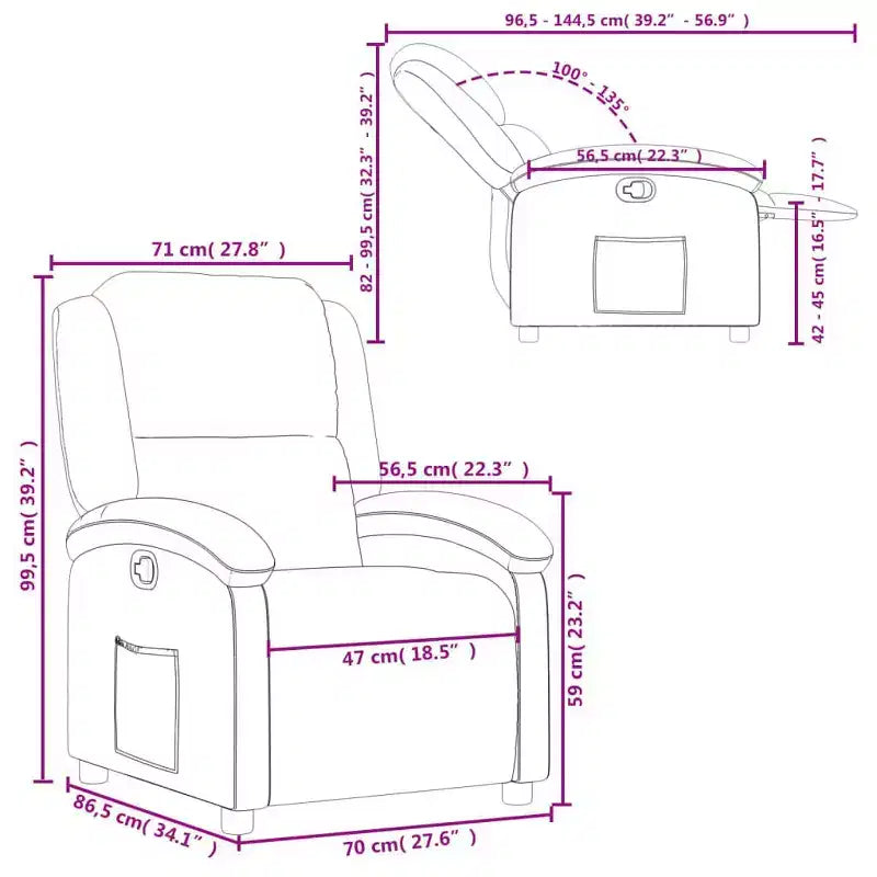 vidaXL Gray Faux Leather Manual Recliner Chair - Wingback Reclining Armchair for Elderly with Side Pocket and Padded Support
