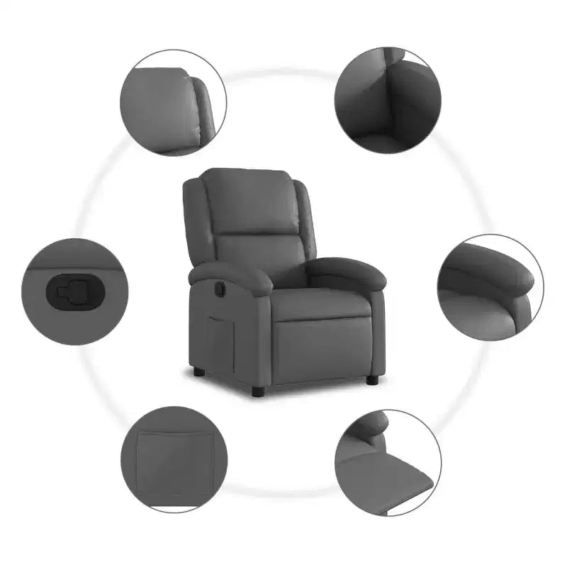 vidaXL Gray Faux Leather Manual Recliner Chair - Wingback Reclining Armchair for Elderly with Side Pocket and Padded Support