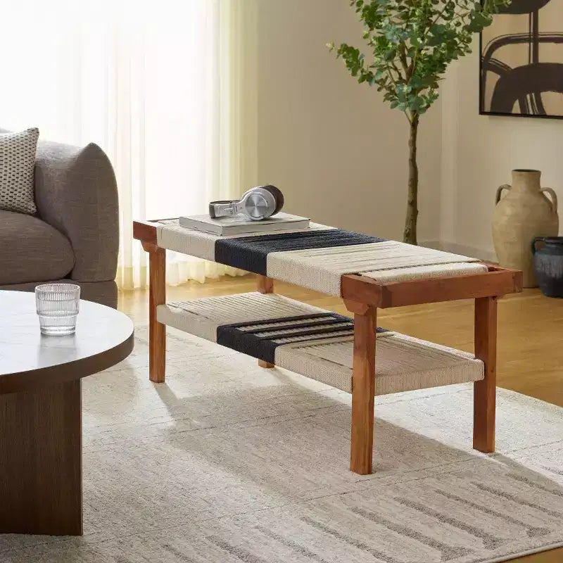 Munich Bench With Shelf - BCH3703 - Beige Black/Natural - Safavieh