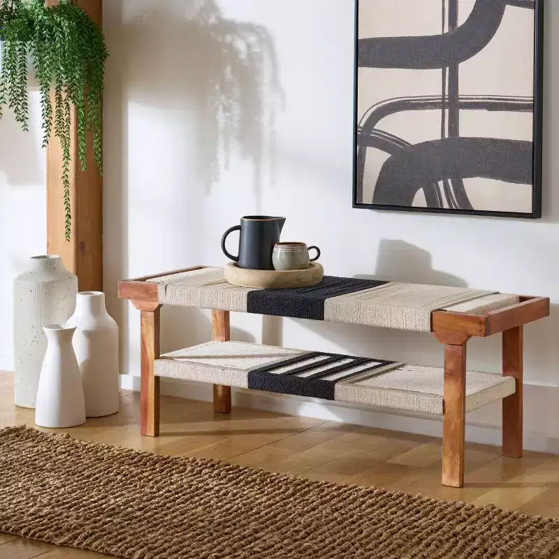 Munich Bench With Shelf - BCH3703 - Beige Black/Natural - Safavieh