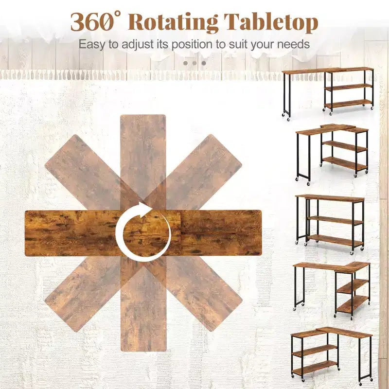 Costway 360 Rotation Mobile Laptop Table with 2-Tier Storage Shelves & 6 Universal Wheels Coffee/Brown/Walnut