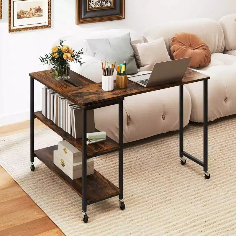 Costway 360 Rotation Mobile Laptop Table with 2-Tier Storage Shelves & 6 Universal Wheels Coffee/Brown/Walnut