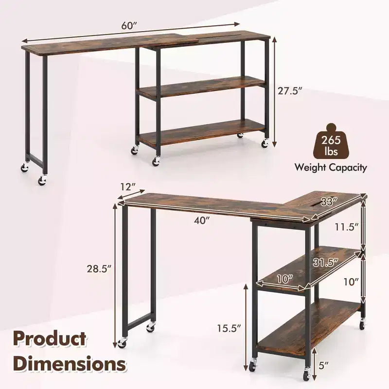 Costway 360 Rotation Mobile Laptop Table with 2-Tier Storage Shelves & 6 Universal Wheels Coffee/Brown/Walnut