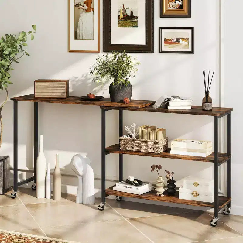 Costway 360 Rotation Mobile Laptop Table with 2-Tier Storage Shelves & 6 Universal Wheels Coffee/Brown/Walnut