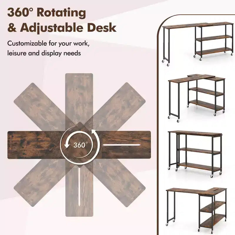 Costway 360 Rotation Mobile Laptop Table with 2-Tier Storage Shelves & 6 Universal Wheels Coffee/Brown/Walnut