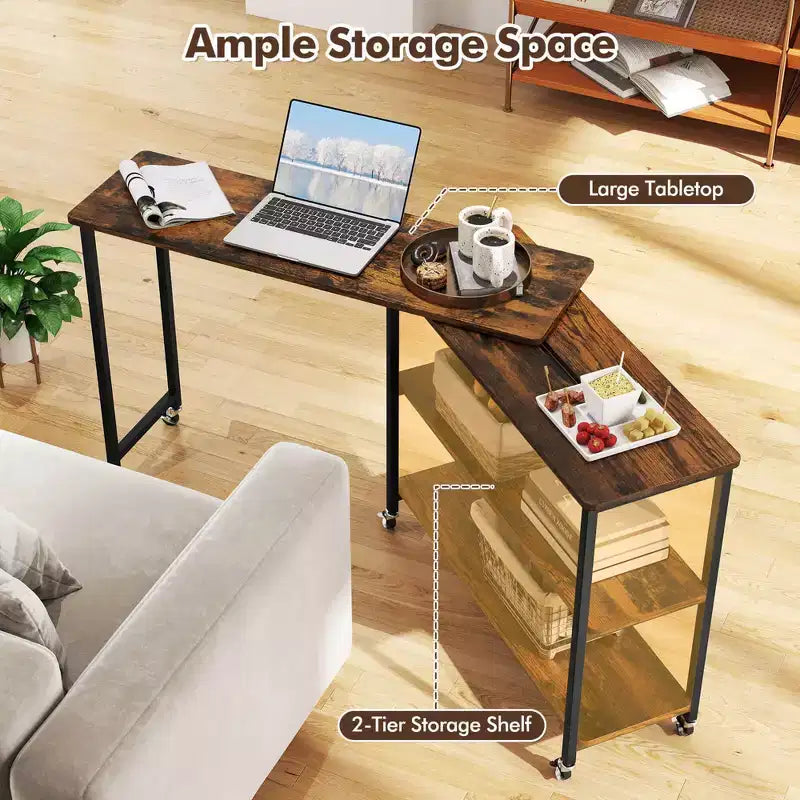 Costway 360 Rotation Mobile Laptop Table with 2-Tier Storage Shelves & 6 Universal Wheels Coffee/Brown/Walnut
