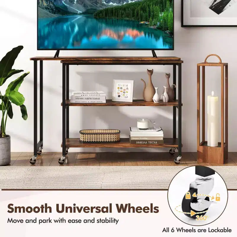 Costway 360 Rotation Mobile Laptop Table with 2-Tier Storage Shelves & 6 Universal Wheels Coffee/Brown/Walnut