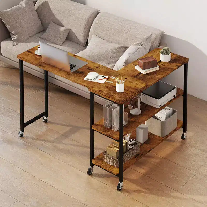 Costway 360 Rotation Mobile Laptop Table with 2-Tier Storage Shelves & 6 Universal Wheels Coffee/Brown/Walnut