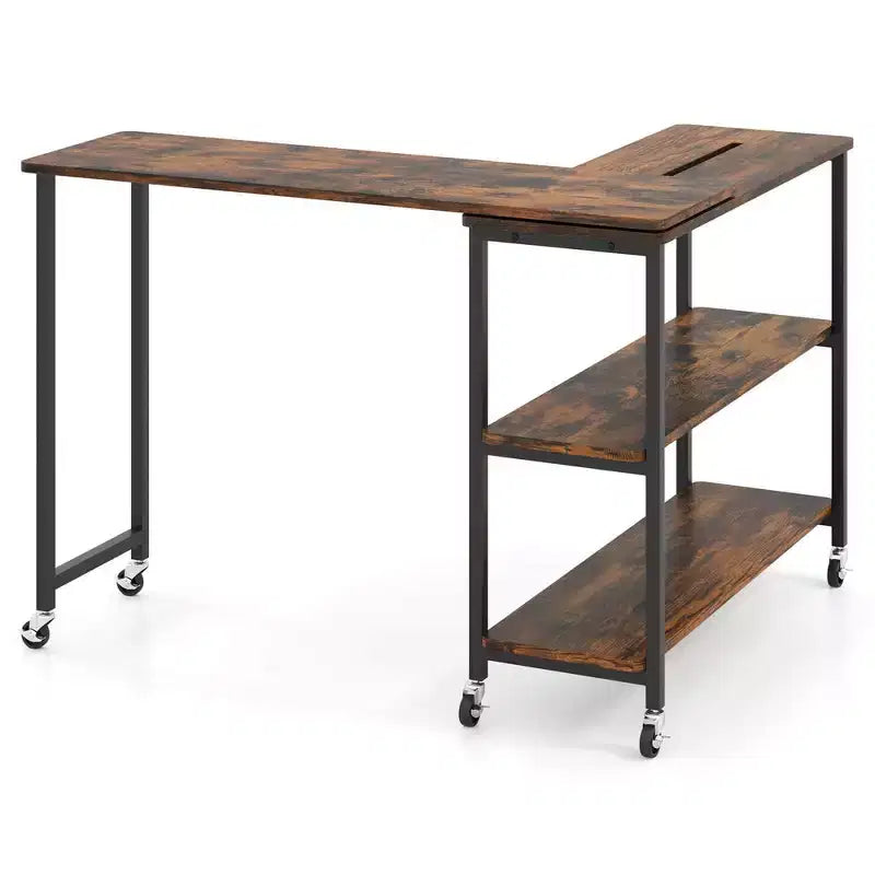 Costway 360 Rotation Mobile Laptop Table with 2-Tier Storage Shelves & 6 Universal Wheels Coffee/Brown/Walnut
