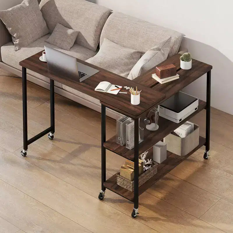 Costway 360 Rotation Mobile Laptop Table with 2-Tier Storage Shelves & 6 Universal Wheels Coffee/Brown/Walnut