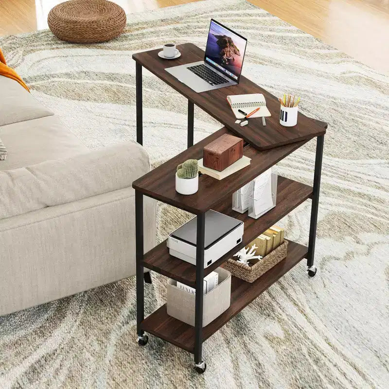 Costway 360 Rotation Mobile Laptop Table with 2-Tier Storage Shelves & 6 Universal Wheels Coffee/Brown/Walnut
