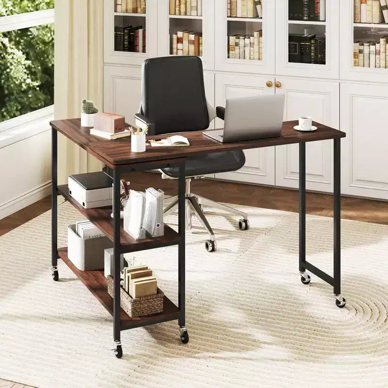 Costway 360 Rotation Mobile Laptop Table with 2-Tier Storage Shelves & 6 Universal Wheels Coffee/Brown/Walnut