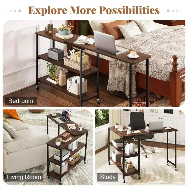 Costway 360 Rotation Mobile Laptop Table with 2-Tier Storage Shelves & 6 Universal Wheels Coffee/Brown/Walnut