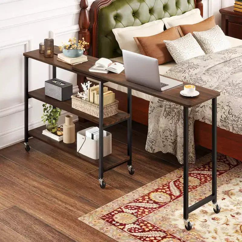 Costway 360 Rotation Mobile Laptop Table with 2-Tier Storage Shelves & 6 Universal Wheels Coffee/Brown/Walnut