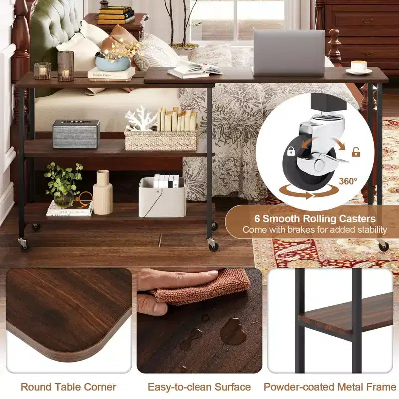 Costway 360 Rotation Mobile Laptop Table with 2-Tier Storage Shelves & 6 Universal Wheels Coffee/Brown/Walnut