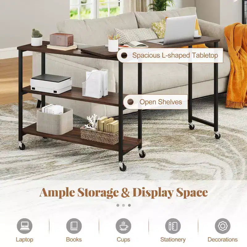 Costway 360 Rotation Mobile Laptop Table with 2-Tier Storage Shelves & 6 Universal Wheels Coffee/Brown/Walnut