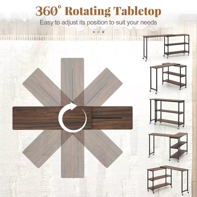 Costway 360 Rotation Mobile Laptop Table with 2-Tier Storage Shelves & 6 Universal Wheels Coffee/Brown/Walnut
