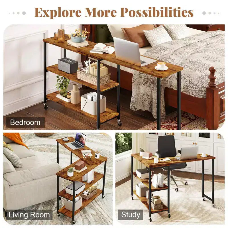 Costway 360 Rotation Mobile Laptop Table with 2-Tier Storage Shelves & 6 Universal Wheels Coffee/Brown/Walnut