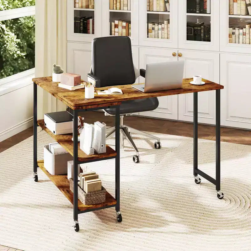 Costway 360 Rotation Mobile Laptop Table with 2-Tier Storage Shelves & 6 Universal Wheels Coffee/Brown/Walnut