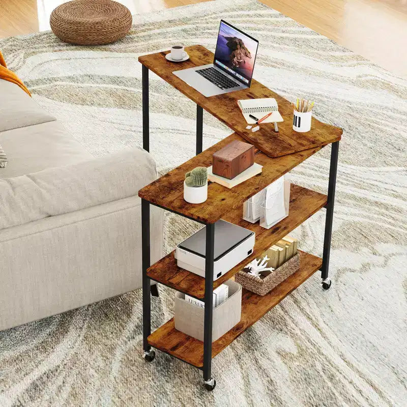 Costway 360 Rotation Mobile Laptop Table with 2-Tier Storage Shelves & 6 Universal Wheels Coffee/Brown/Walnut