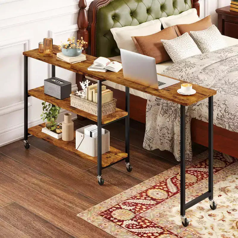 Costway 360 Rotation Mobile Laptop Table with 2-Tier Storage Shelves & 6 Universal Wheels Coffee/Brown/Walnut