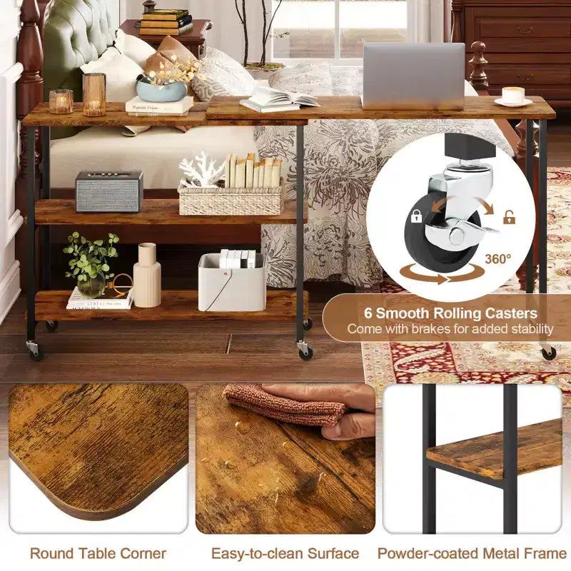 Costway 360 Rotation Mobile Laptop Table with 2-Tier Storage Shelves & 6 Universal Wheels Coffee/Brown/Walnut