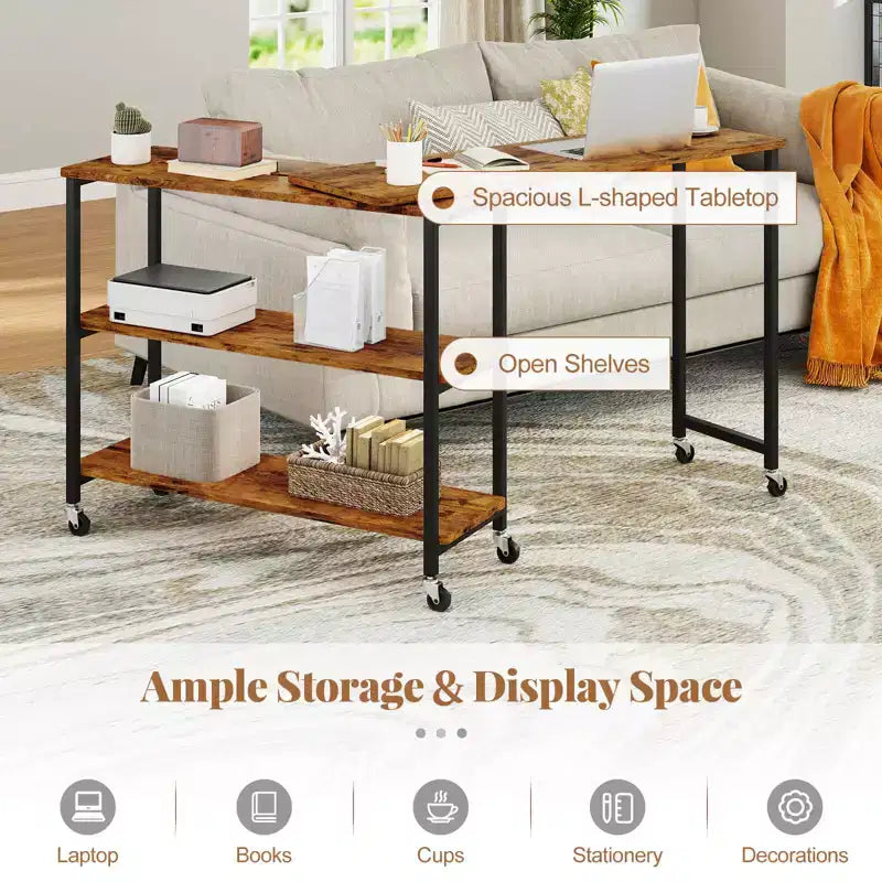 Costway 360 Rotation Mobile Laptop Table with 2-Tier Storage Shelves & 6 Universal Wheels Coffee/Brown/Walnut