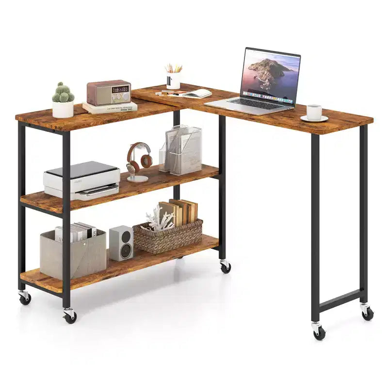 Costway 360 Rotation Mobile Laptop Table with 2-Tier Storage Shelves & 6 Universal Wheels Coffee/Brown/Walnut