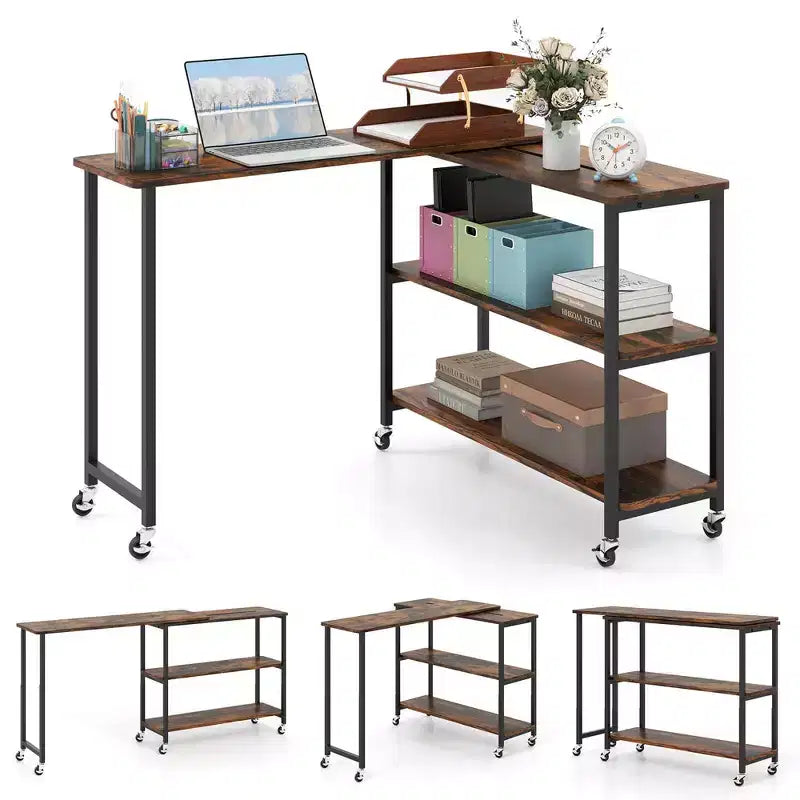 Costway 360 Rotation Mobile Laptop Table with 2-Tier Storage Shelves & 6 Universal Wheels Coffee/Brown/Walnut